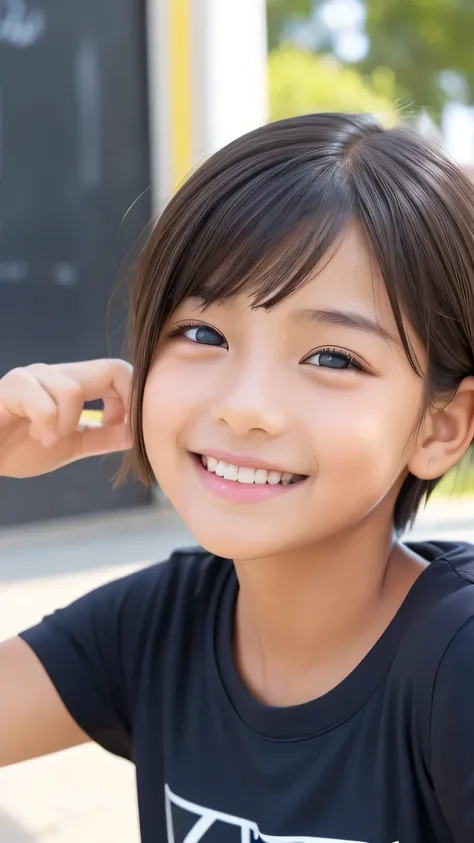 Highest quality、Realistic、、zoom、Primary school students、Girl、look up、cute、Light grey eyes、Black Hair、Short Hair、boyish、Tanned brown skin、Dark Skin、Light Blue T-Shirt、A big smile、Face close-up、thin