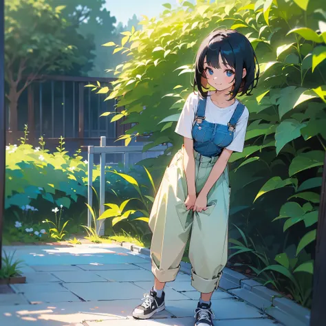 (high quality, High resolution, Very detailed, reality:1.37), Peaceful atmosphere, (Outdoor, garden), Teenage girl standing alone, (my breasts are big.), Beautiful details, Cute Smile, (Black bob hair), Short sleeve shirt, Overalls, Blue socks, sneakers.