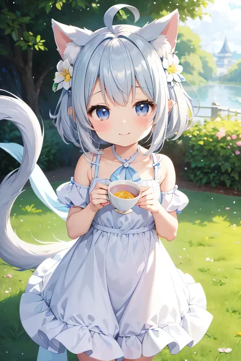 anime、pastel、Very young、child、Smiling face、Very short、Gray Hair、long、Side Tail、Flower Hair Ornaments、fluffy ears、Dropped ears、Fluffy tail、Big, cute eyes、With an odd eye of azure blue、Cheeky cheeks、Slender body、She is wearing a white and light blue dress.、O...