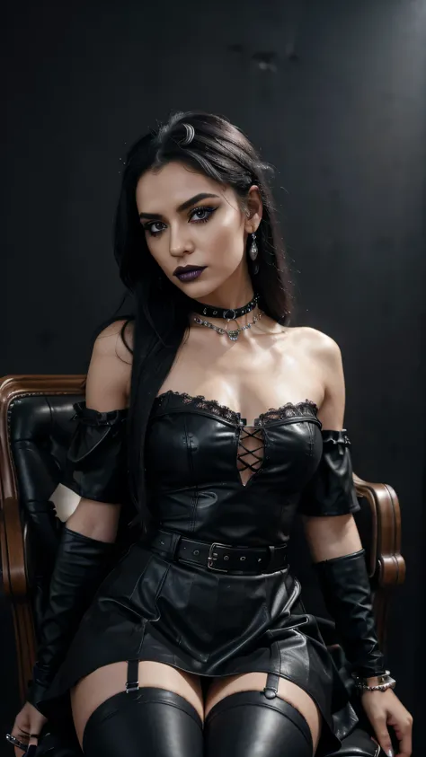 An ultra-realistic image of a goth influencer sitting on a chair. She has fair skin with dramatic makeup, including intense black eyeliner, dark eyeshadow, and purple or black lipstick. His long, straight black hair. She wears a black lace dress or leather...