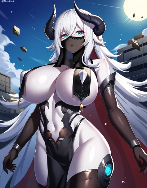 masterpiece, score_9, score_8_up, score_7_up, source_anime, extremely detailed, high quality, 1girl, solo, dark persona, corrupted, (colored skin, white skin:1.8), azlngrfzpln, (large breasts:1.9), ((((white hair), long hair, aqua eyes, mechanical horns)))...