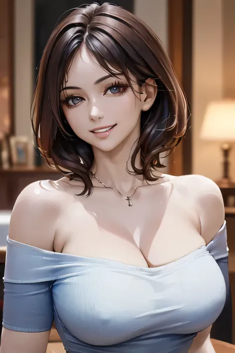 ((Realistic Light, masterpiece, Highest quality, Realistic, 8k, Tabletop: 1.3)), 1 person, Off-the-shoulder cut top: 1.3, Highly detailed face, fine grain, (eyelash), double eyelid, grin, (My Room), smile, (((beauty of saggy breasts))