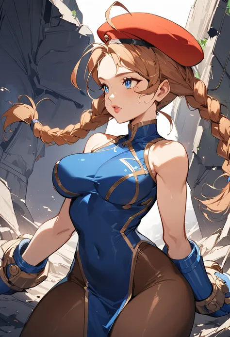 work of art,best qualityer,extreme detail,8k,cammyfn, 1 girl, standing alone, long hair, breastsout, blue colored eyes,brown blonde hair, large breastsout, mitts, Red Hat, Braid, Ahoge, twin Braids, skintight, lips, make up, beret, cicatriz, antenna hair, ...