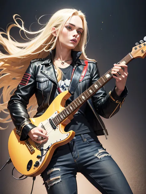 A rocker playing electric guitar, wearing a black denim jacket, black leather pants, a gold and red striped shirt, and long blonde hair.