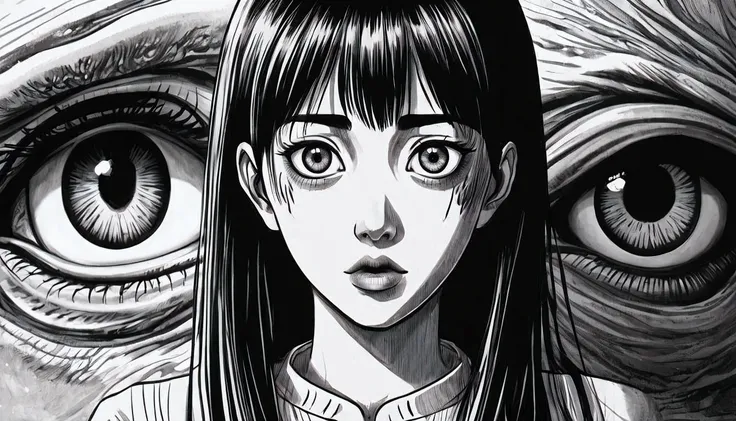 anime girl with long hair and big eyes staring at an alien, junji ito 4 k, junji ito artwork, subtle junji ito, art style of junji ito, junji ito style, ito junji art, junji ito undertones, inspired by Junji Ito, style of junji ito, in style of junji ito