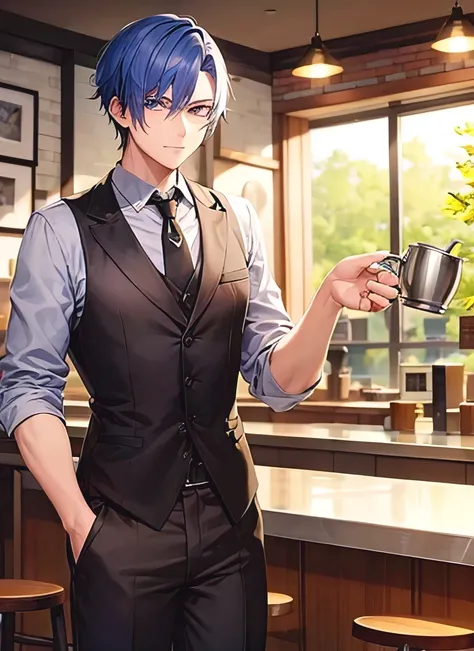 Gentleman with gentian-colored hair, a one-block short haircut, working as a cafe employee. Hes holding a coffee pot, doing hand drip coffee. He has a spider tattoo and long, narrow eyes with golden pupils. 27 years old, single, standing pose. 