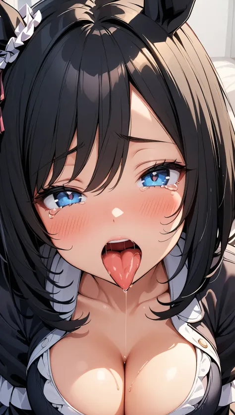 beautiful detailed eyes, Blue eyes, half-closed eyes, tareme, [1girl, eishin flash (umamusume), umamusume], (opened big mouth, licking, Sticky tongue), nsfw, (close-up mouth), (curvy, Slender),(cleavage), from above, Highest quality, Super detailed, master...