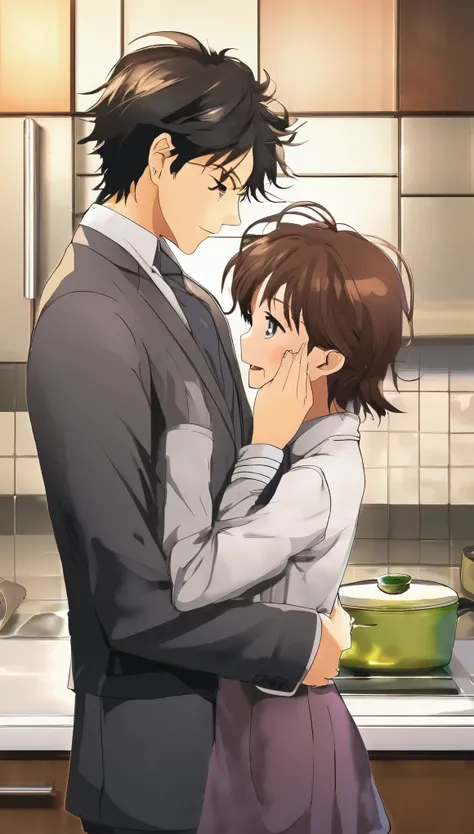 score_9, score_8_up, score_7_up, source_anime, 1boy, 1girl, mature female is smiling, mother and son, kid, sons back against the wall, in a kitchen, ass grab, night time, business suit, kissing gently