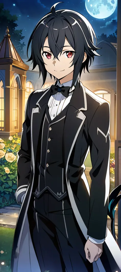 Hyakuya Mikaela (Sword Art Online), (black hair), (ruby red eyes):1.2, (male), (butler uniform), (long swallow tail coat), ((smiling gently)), ((ultra-detailed)), ((illustration)), ((neat hair)), (beautiful detailed eyes), (male), 1boy, (standing), ((garde...