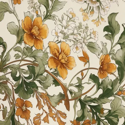 Half line art，Half colored，Vibrant colors，there is a painting of a bunch of Flowers on a wall, Gorgeous flowers, 受到威廉·莫里斯of inspiration, Art Nouveau background, ornate Flowers, gold Flowers, Art Nouveau Botanicals, Art Nouveau wallpaper, ivory rococo, Flow...