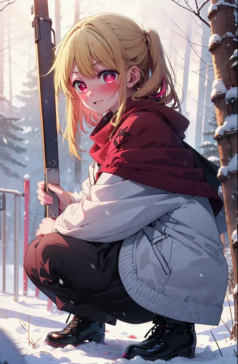 rubyhoshino, Hoshino Ruby, Long Hair, bangs, Blonde, (Pink Eyes:1.3), Side Lock, (Symbol-shaped pupil:1.5), Multicolored Hair, Two-tone hair, smile,,smile,blush,white breath,
Open your mouth,snow,Ground bonfire, Outdoor, boots, snowing, From the side, wood...