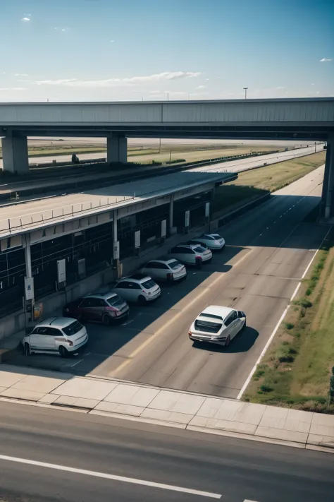 A car at a gas station, and on the side of the gas station there is a highway full of cars and on the other side of the highway there are buildings