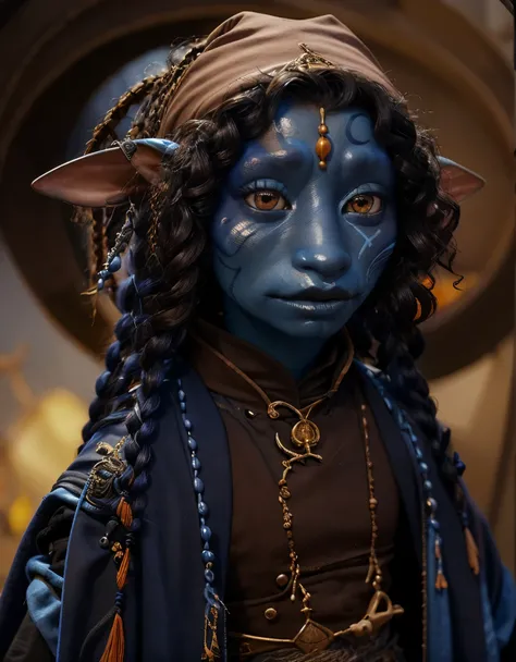 dousan, gelfling, male, dark blue and red beaded robes decorated with jewels and bones, short curly hair with long decorated braids, desert, blue skin with lighter blue face paint, big orange eyes, jewelry,