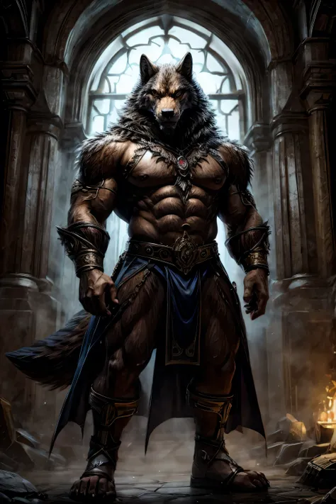 The beast man, wolf face, Whole body skin like wolf fur., bathed in sweat, Standing in front of the beast, The man shows his whole body. 