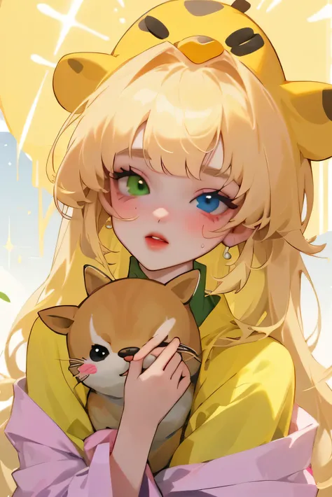 (high quality) (Best Quality) (Una Women) (correct physiognomy) (perfect students) (Perfect eyes) Women, blonde hair with bangs on the forehead, TWO cat ears growing out of his head, eyes with heterochromia dos ojos, one eye green and the other gold, sensi...