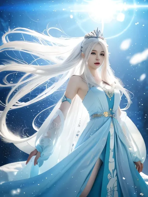 anime girl with long white hair and a blue dress in the snow, white haired deity, white hair floating in air, anime fantasy illustration, flowing white hair, beautiful young wind spirit, beautiful fantasy anime, glowing flowing hair, ethereal anime, beauti...