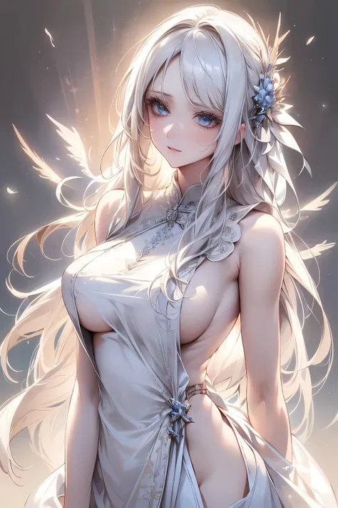 (White Wings,Angel:1.2),(Falling white feathers background:1.1)， （（masterpiece））， （detailed：1.4），Realistic、 Beautiful Woman Images，High resolution（High Dynamic Range），Ray Tracing，NVIDIA，Super Resolution，PBR Textures，Post-processing，Anisotropic Filtering，Ma...