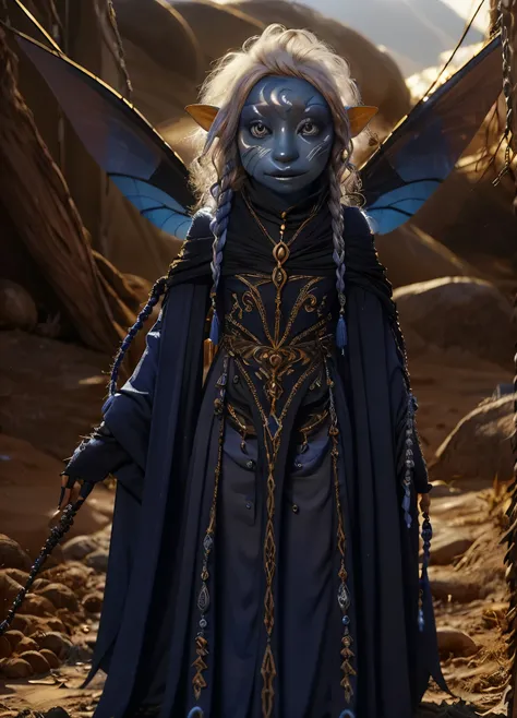 dousan, gelfling, female, dark blue and orange beaded robes decorated with jewels and bones, short curly white hair with long decorated braids, desert, blue skin with lighter blue face paint, big orange eyes, jewelry, full body, insect wings coming from sh...