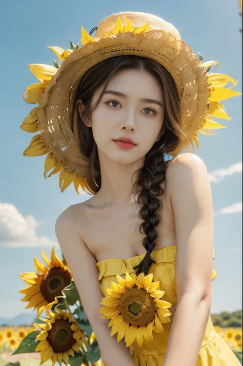 (((best quality))), (((ultra detailed))), (((masterpiece))), illustration,((a beautiful Ukrainian girl,solo)),((slim,thin)),((small breasts,flat chest)),(standing amidst a field of sunflowers:1.3),(vibrant blue formal hat:1.3),(short braid hair:1.2), (stra...