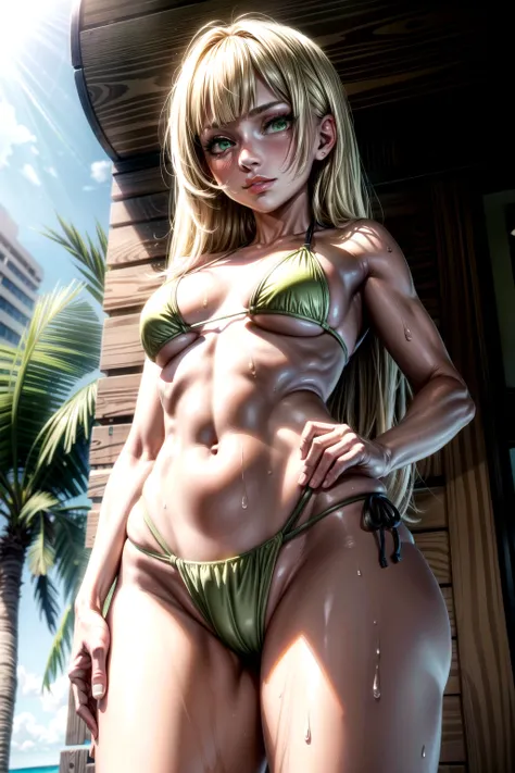 lillie, (blonde hair:1.4), ((young girl)), (green eyes:1.5), long hair, (small breasts:1.2), small Female, thicc thighs, curvy hips, tanlines, swimsuit mark,
BREAK, (bikini:1.4),
BREAK looking at viewer, at beach, (sweaty body), ((smirk)), (sweaty:1.3), (f...