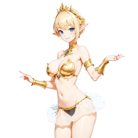 Highest quality、Very detailed、High resolution、１６ｋ、Thin contours、耳の長いElf、Nipples are visible、Shining golden armor、Gold bikini armor、Very large breasts、Extremely transparent skirt、Wearing black pants、chest proportion、Smile of the Goddess、Very white skin、Beau...