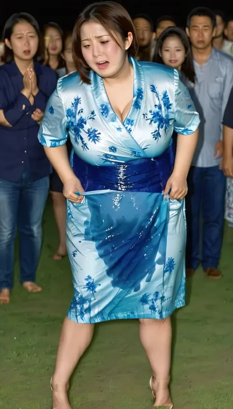 fullbody,(masterpiece:1.7),photo-realistic,16k,(A very beautiful, chubby Japanese woman in her 40s pees in front of a crowd at a park fireworks display at night:1.5),(crowd:1.3),(chubby,plump:1.4),(right blue floral yukata:1.3),belt,sandals,(Her face is co...