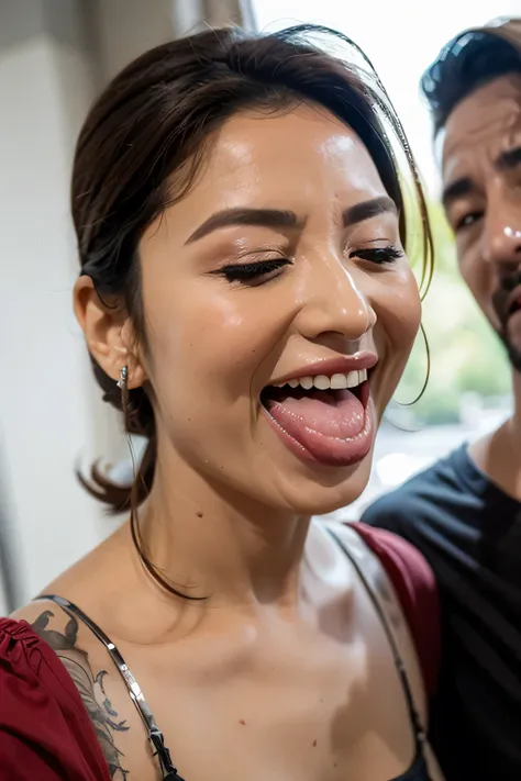 flying debris,award-winning photo, very detailed, edge orgasm, woman with open mouth and closed eyes , sweaty skin、lighting that...