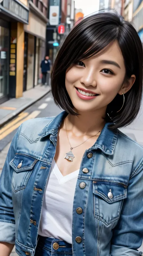 Super Resolution、Beautiful Japanese Women、、short hair、Black Hair、、ear piercing、necklace、Denim jacket、shirt、smile、Beautiful teeth alignment、The background is a city street
