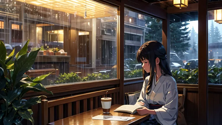 Describe a cozy little cafe seen  from the outside at night, with soft lights and a peaceful atmosphere. In the background, a young japanese woman is sitting by the window, listening to lofi music with you full of light over ear headphones, while drinking ...