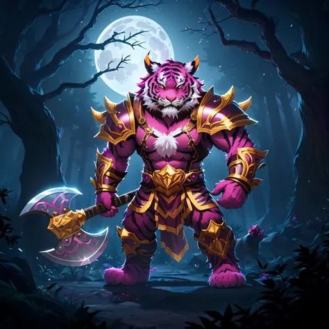 (magenta-furred tiger man:1.24), golden horns, carrying an axe, night forest, (trees without leaves:1.1), moon, highly detailed, cinematic lighting, dramatic composition, vibrant colors, masterpiece, (Mobile Legends scene:1.4), (angry pose:1.2), (hembusan ...