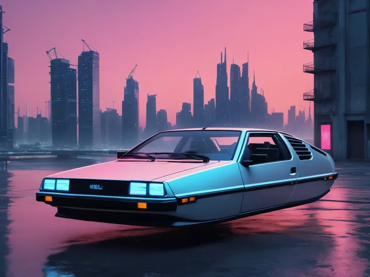 floating car, delorean, 1985, city streets, horizontally folded wheels, cyberpunkstyle, linhas limpas, sharp edges, flow line, d...