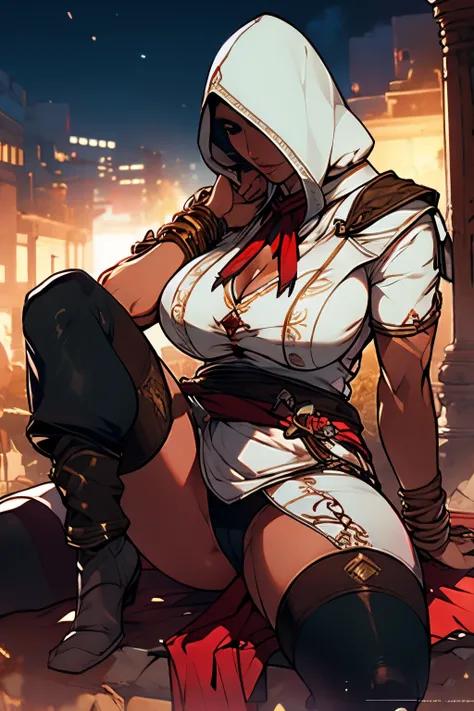 The woman, Altaïrs suit boots to the knee, Bracelets on the legs, socks, stockings, Jerusalem in the background, ((evening, night)), very detailed, Realistic long-term photography., 4k, short hair, brown hair,(((hood, hood)), ((shocks, garagantilla)),brace...