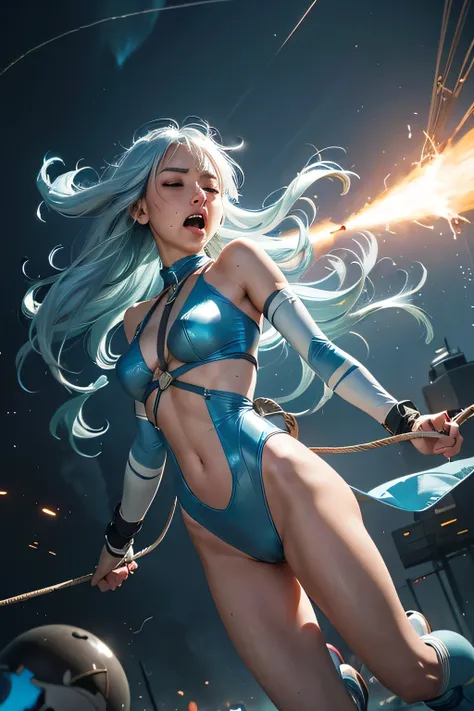 superheroine, long long gorgeous light blue hair, ((rough rope wrapped around body, tighten up)), latex, leotard, sky blue and white costume, captured, shibari, static restrained, ((arms behind back)), chained, rope bind, collared, cruelly, painful, helple...