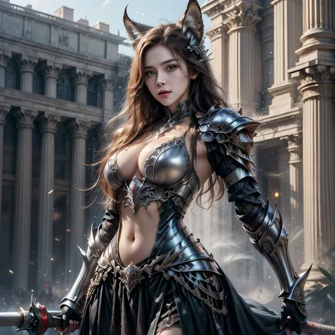 ((((a single girl)))), photorealistic image ((masterpiece)), ((high quality)) Ultra HD 8K, of a true Viking goddess, Gnna, strong, Skinny body, Thin waist, model tall, Whole body, (Long, dark brown hair), (blue eyes), (((Full hyper-realistic fantasy armor....