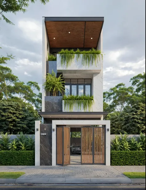 Raw photo,Masterpiece, high quality, best quality, authentic, super detail,
exterior, outdoors, house style modern on the street, marble any wall ,glass windows, gate, wooden ceiling,
road,pavement, trees, sky, cloud, (daylight:1.1)
