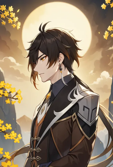 (best quality,4k,8k,highres,masterpiece:1.2),1boy, zhongli_/(genshin_impact/),male focus,ultra-detailed,realistic,(dsmile:0.5),intense gold eyes,mature_male, narrow_waist,full body, by carnelian, cel shading, fantasy china background, liyue, mountains,mela...