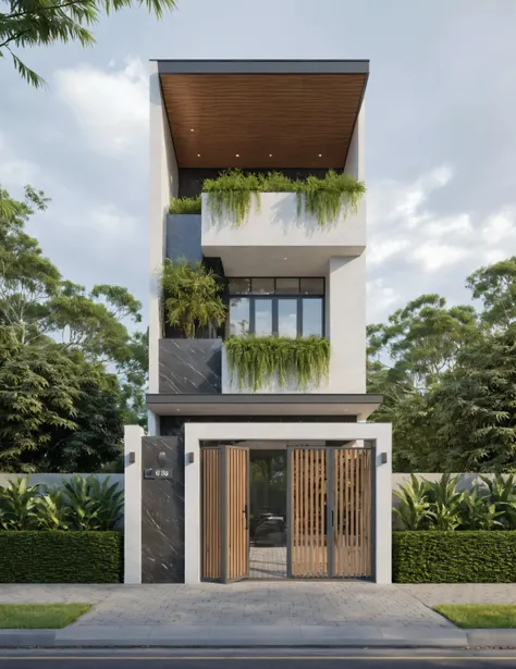 Raw photo,Masterpiece, high quality, best quality, authentic, super detail,
exterior, outdoors, house style modern on the street, marble any wall ,glass windows, gate, wooden ceiling,
road,pavement, trees, sky, cloud, (daylight:1.1)
