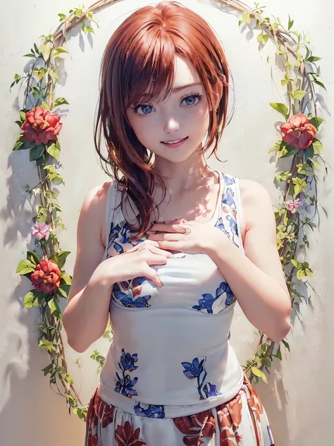 (((Cowboy Shot、Womens Solo Shot、Oil、Pure white wall background、masterpiece、Highest quality、High resolution)))、Redhead、Bob Hair、(((Wearing a blue tank top)))、(((Botanical print tank top)))、Fashionable hairstyles、Pure white wall background、Red cheeks、((No Sh...