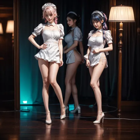 (Full Body of Extremely Detailed((Sexy Maid Group in a row:1.37))), KAWAII perfect face, Reflective Eyes, Detailed(Delicate Clothing textures), Correct Leg Line, Dynamic Joyful Expressions LifeLike Rendering, Specular Reflection, TopQuality 8K Ultra-detail...