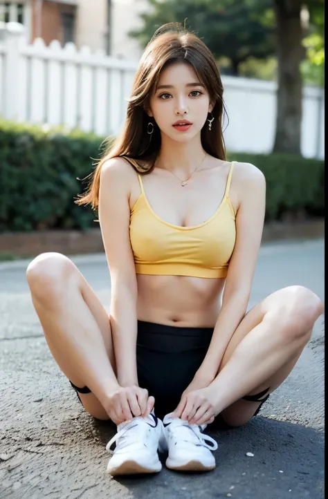 (masterpiece:1.3), (8 thousand, realistic, RAW photos, best quality: 1.4), (1 woman),(((short workout shorts))), (((tank top))),  (((두 다리와 양쪽 발에 짙은색 realistic 불투명한 커피색 panty hose : 1.3))), (Stockings on both legs), (((Two beautiful little feet in stockings...