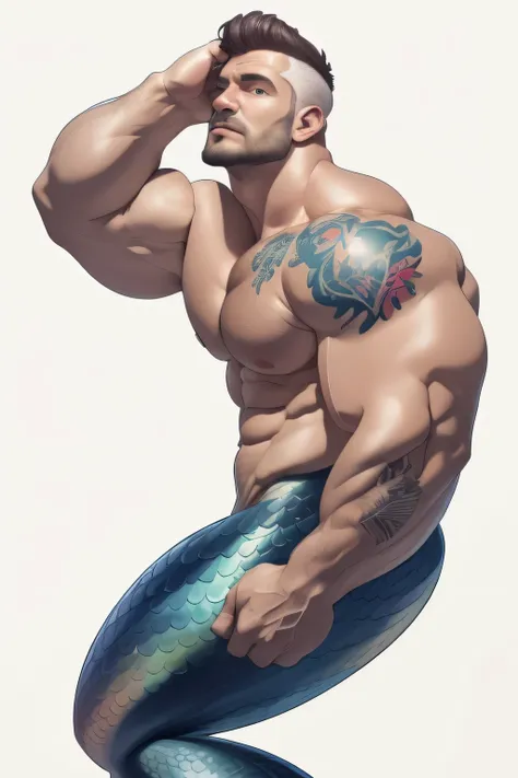 Handsome, square jaws, wavy hair,clear face, clear eyes, heed looking at the side up, muscular body, muscular arms, huge pectorals, huge arms and hands, mermaid, tattooed neck and body, Cropped feet,white background