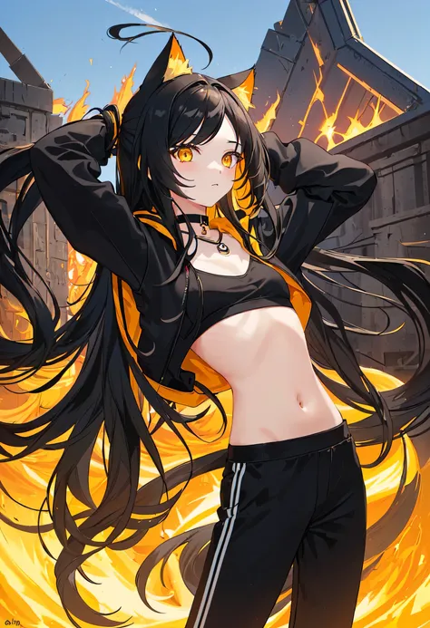 1girl, long hair, black hair, yellow inner hair , wavy hair, orange eyes, choker, small breasts, flat chest, side view, from the side, cropped hoodie, cat ears, cat tail, Black leggings, black yoga pants, slim waist, skinny, ribs, anorexic, outdoors,fire w...