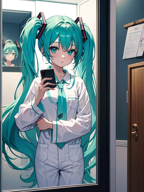 Hatsune Miku taking a selfie, pajamas, phone in her hand, mirror, bathroom at background