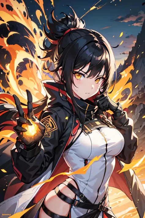 anime girl with black hair and yellow eyes in front of a volcano, fire!! full body, badass anime 8 k, anime moe artstyle, from girls frontline, ayaka genshin impact, female action anime girl, anime style 4 k, firey, (fire), by Yang J, badass pose, trending...