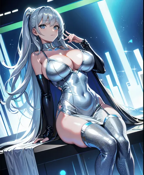 masterpiece, best quailty, high_resolution, Fine details, highly detailed and beautiful, Distinct_image, 1 girl, (Big Tits),curvy,a woman in a silver dress sitting on a stage, sexy dress, fancy silver dress, wearing silver dress, shiny silver, iridescent s...