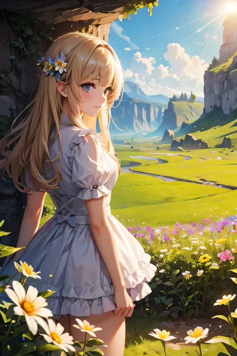 master piece,best quality,ultra-detailed,1girl,cave,(in the field of flower),cowboy shot,sunlight