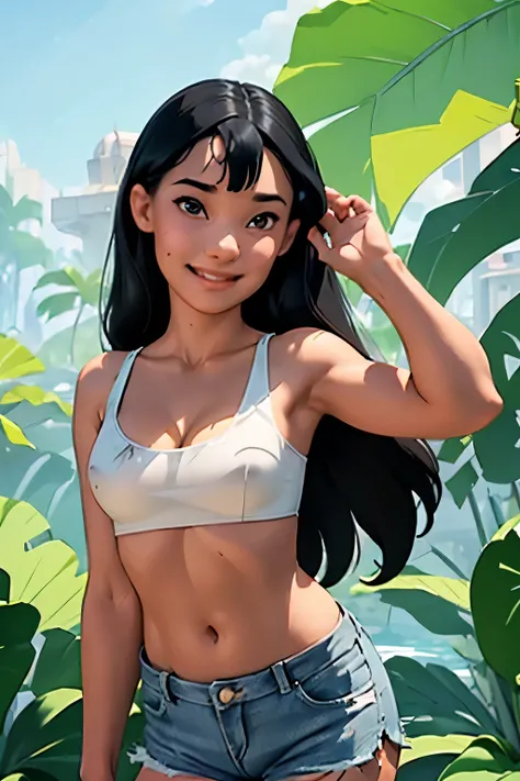 Lilo pelekai, long black hair, 
Detailed eyes,   flat chest,  slim body,  thin legs,  ((((masterpiece, best quality, high resolution)))), Extremely detailed 8K, Beautiful girl with slender body, (Ultra HD, Ultra-detailed, Highly detailed, Highly realistic,...