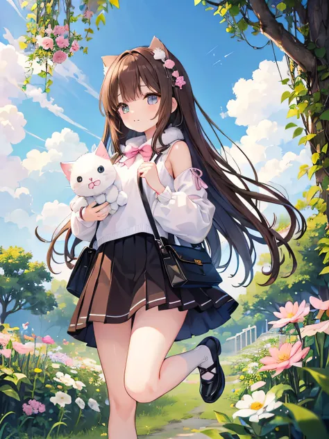 Anime illustration、Girl 13 years old、Brown, semi-long hair、Her hair has a shiny cuticle、Big, brown, sparkling eyes、The stars are also near her eyes、Eyelashes are long and black、Her clothes have an explorer design、girlishness、Small breasts、Shes wearing a pi...