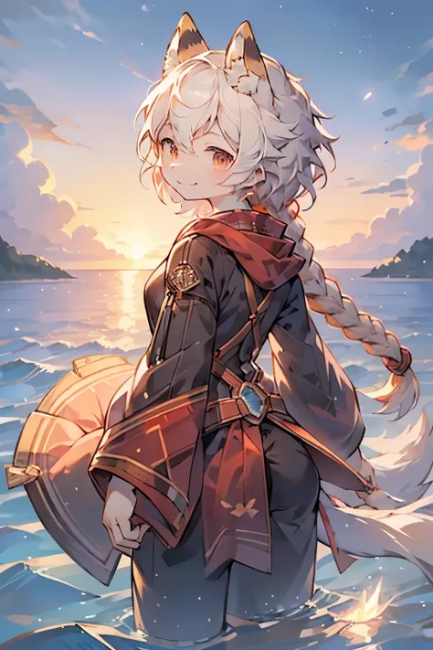 1 Girl, Solitary,Smile, Ocean滩,(Sunset:1.1),  Akagi_return(denchi project), Solitary,  Star Hair Accessories, Double braid,spark, From the back, look back, huge Sunset,Red floats, , night, Wave, Ocean