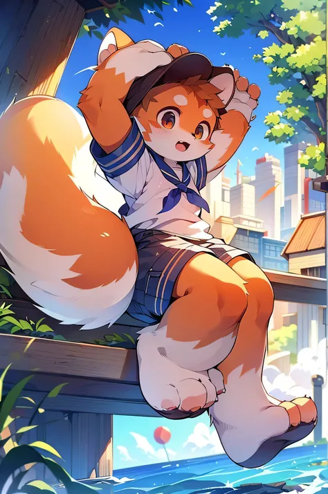 超High resolution,Awards,Highest quality,super high quality, Very detailed,High resolution,4K,animeのかわいいアートスタイル,Ocean,15 years old,anime,alone,single,male,Red Panda,retina,Accurate,masterpiece,Eye-level shot,Sailor suit,,Anatomically correct,(expensive),exp...